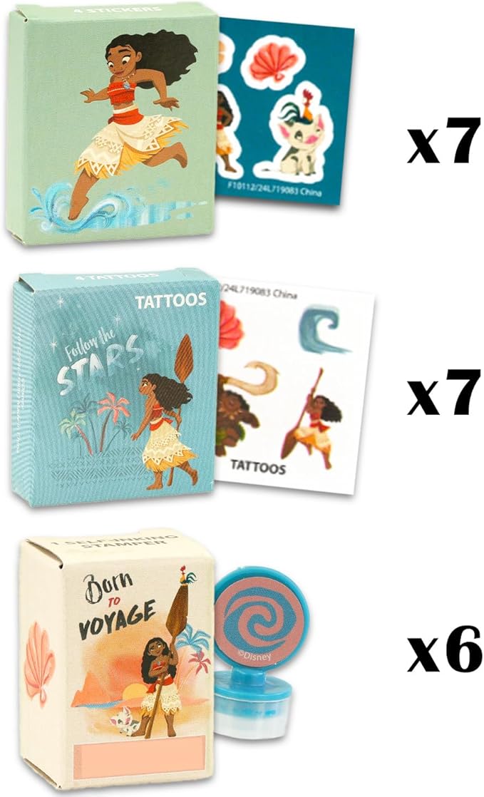 Moana Party Favors for 20 Guests Bundle ~ 20 Pieces Moana Favor Boxes with Stickers, Tattoos and Stampers for Kids Birthday Party | Moana Party Supplies and Decorations Combo Pack