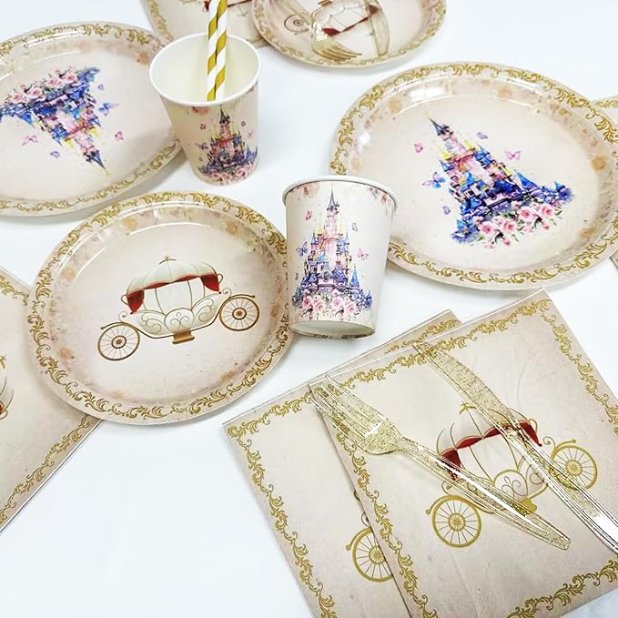 112 PCS Princess Party Plates Princess Birthday Decorations Once Upon a Time Castle Princess Party Tableware Set Purple Floral Napkins for Girl Baby Shower Party Decor Supplies Favors Serves 16