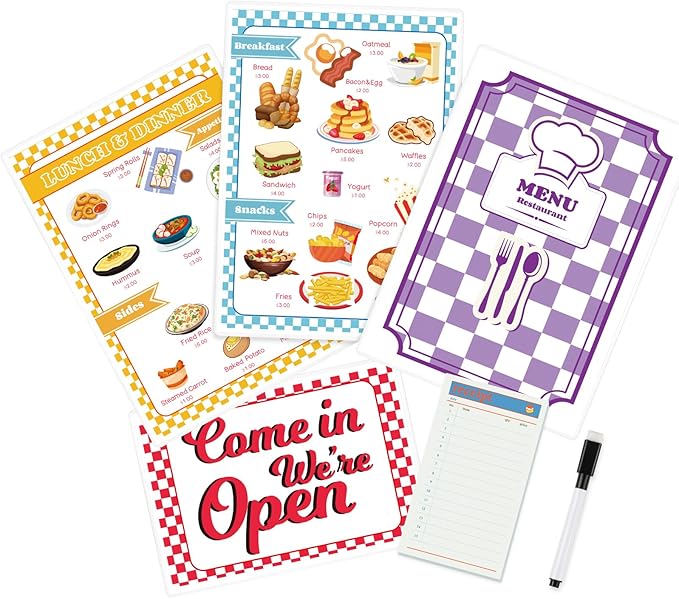 Diner Restaurant Play Set Food Play Kitchen Accessories Restaurant Toy Set 2 Double Sided Restaurant Menu Pen Waiters Order 60Page Receipt Book Pretend Play Set Role Play Accessories Total of 4