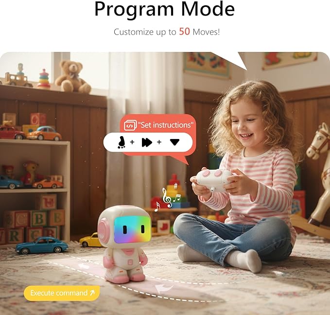 GILOBABY Programmable RC Robot Toy for Girls, Rechargeable STEM Astronaut w/LED Face, Voice Recording, Dancing, Remote Jetpack, Gift for 4 5 6 7 8 Year Old Kids（Pink）