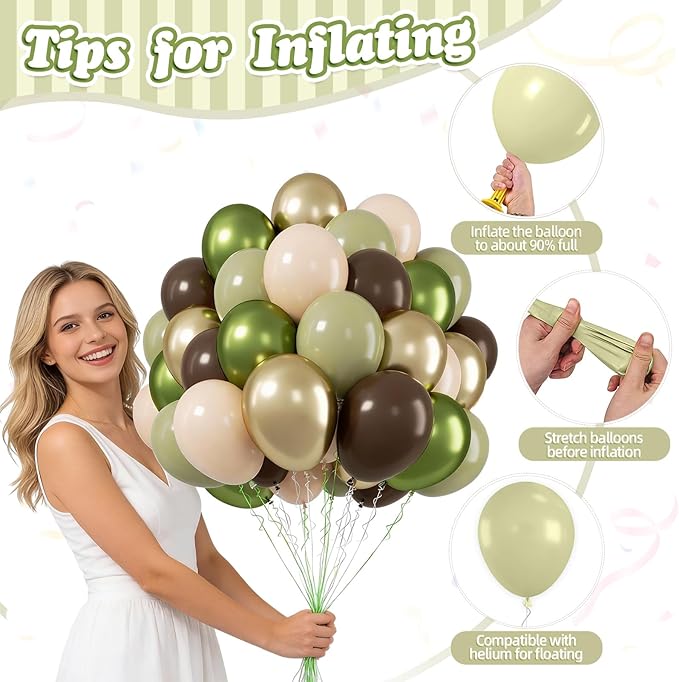FunHot Sage Green Brown Balloons, 50 Pcs Safari Balloons, Metallic Green Apricot Latex Balloon, 12 Inch Jungle Balloon for Boy Baby Shower Forest Birthday Camo Wild Woodland Party Decorations