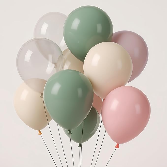 Retro Pink and Sage Green Balloons, Olive Green Pale Pastel Pink Cream White Clear Transparent Balloon for Fairy Tea Party, Floral Balloons as Baby Shower Wedding Nutcracker Birthday Party Decoration
