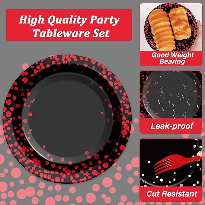 50 Guests Red and Black Birthday Party Supplies Set Red Dot on Black Disposable Plates Napkins Red and Black Tableware Set Party Papaer Dinnerware for Birthday Graduation Wedding Decorations 200Pcs