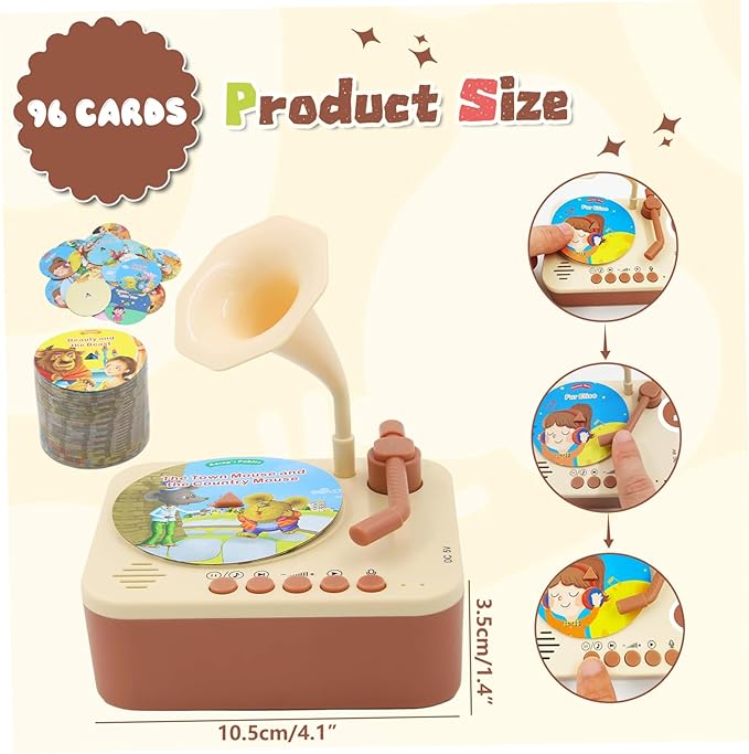 Kids Phonograph with 96 Cards, Toddler Record Player, Story & Music Player, Educational Phonograph for Boys and Girls Age 3+