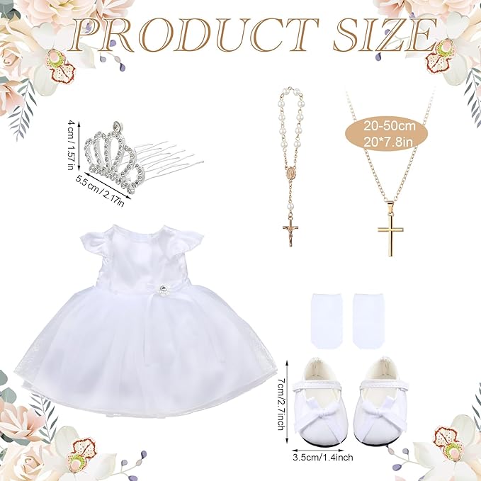 7 Pcs 18 Inches American Doll Clothes Outfit First Communion Dress with Matching Headband Veil Bracelet Shoes Socks Necklaces Fit 18 Inches Dolls, Doll Not Included(Crown)