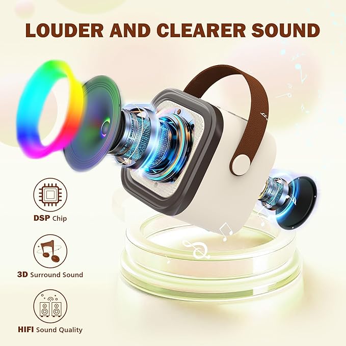 Mini Karaoke Machine for Kids Adults, Portable Bluetooth Speaker with 2 Wireless Microphones,Toys Birthday Gifts for Girls Ages 4, 5, 6, 7, 8,9,10,11,12+ Family Home Party (Beige)