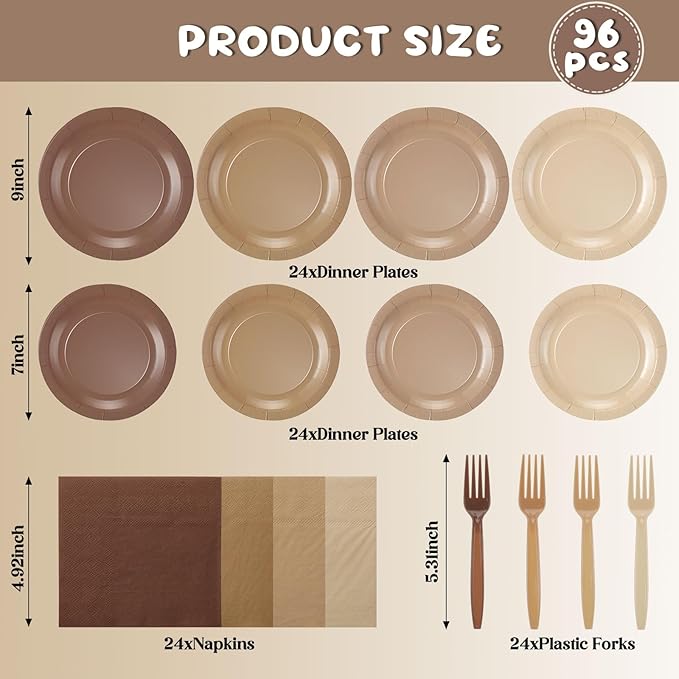 96 Pcs Brown Gradient Tableware Sets for 24 Guests Include 9 '' and 7'' Paper Party Plates Disposable Cocktail Napkins Plastic Forks Dinnerware for Birthday Wedding Tea Party Baby Shower