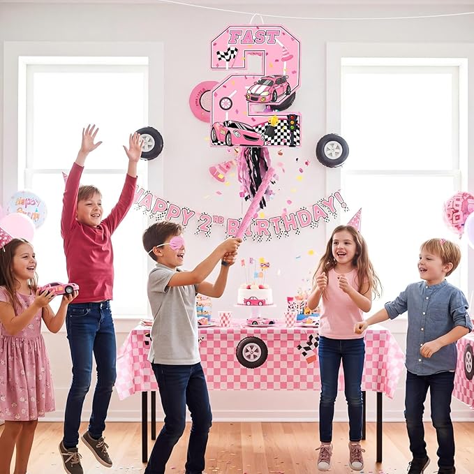 Number 2 Piñata Pink Race Car Party Decorations Racing Cars Pull String Piñata 2 with Stick Blindfold Checkered Wheel Pink Two Fast Birthday Decorations Girl Let's Go Racing Party Supplies