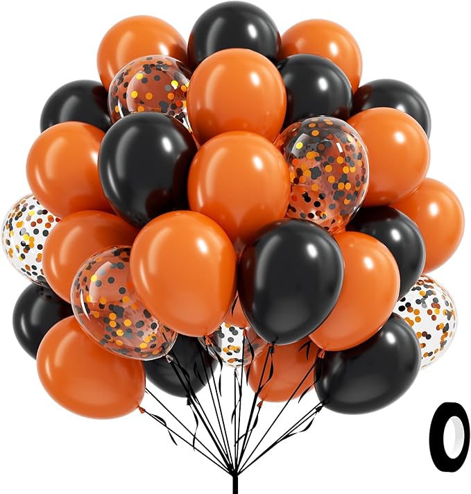 60pcs Orange and Black Halloween Balloons, 12inch Black Orange Latex Confetti Balloons for Ghost Halloween Birthday Party Decorations