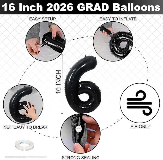 Black 2026 Congrats Balloons, 16 Inch Matte Black 2026 GRAD Foil Balloons Banner Sign for Graduation Decorations 2026, College High School Class of 2026 Graduate Congratulations Party Decor Supplies
