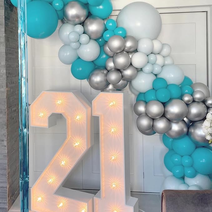 Paready Teal Blue Balloons Set, 50pcs 12 Inch Turquoise Metallic Green Confetti Silver White Balloons For Wedding, Bridal Shower, Engagement, Birthday