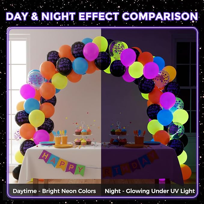 LovesTown 66PCS Glow Balloons Assortment, 12" UV Neon Latex Decorations Happy Birthday Fluorescent Balloons for Birthday, Wedding & Glow Party Supplies