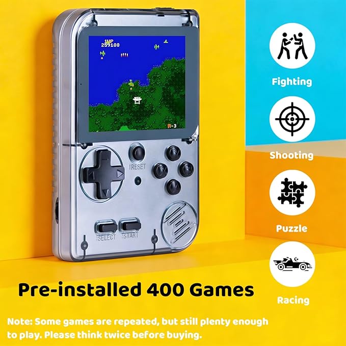 Kids Handheld Game Console Pre-Loaded 400 Classic Games, Portable Video Game Console with 2.8" Color Screen, Rechargeable Battery, Handheld Electric Game Console for Boys Girls (Grey)