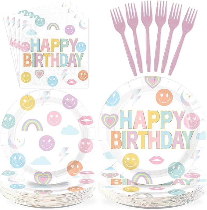 96Pcs Rainbow Birthday Party decorations Smile Face Rainbow Plates and Napkins Pastel Theme Disposable Paper Tableware Set for Colorful Kids Birthday Baby Shower Party Supplies Serves 24