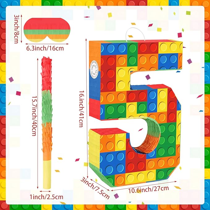 Building Blocks 5th Birthday Party Decorations Number 5 Pinata with Pinata Stick & Blindfold for Kids Girls Boys Happy Birthday Building Block Theme Party Supplies Carnival Games