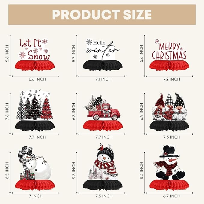 Horaldaily 9PCS Christmas Party Table Decoration Centerpieces, Merry Christmas Snowman Gnome Truck Honeycomb Centerpieces Table Toppers for Christmas Themed Birthday Party