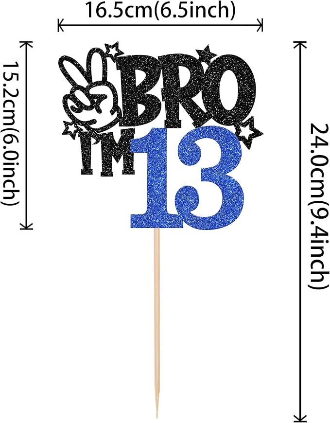 1 PCS Brother I'm 13 Cake Topper Glitter Star Happy 13th Birthday Cake Pick Bro I'm 13 Cake Decoration It's My 13th Birthday Decorations for Boys Cheers to 13 Years Old Birthday Party Supplies Blue