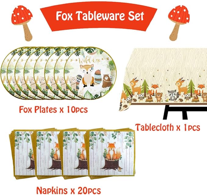 Fox Theme Birthday Party Supplies Decorations, 48PCS Fox Party Supplies Kit includes Fox Happy Birthday Banner, Fox Balloons and Various Party Tableware Supplies with Cartoon Fox