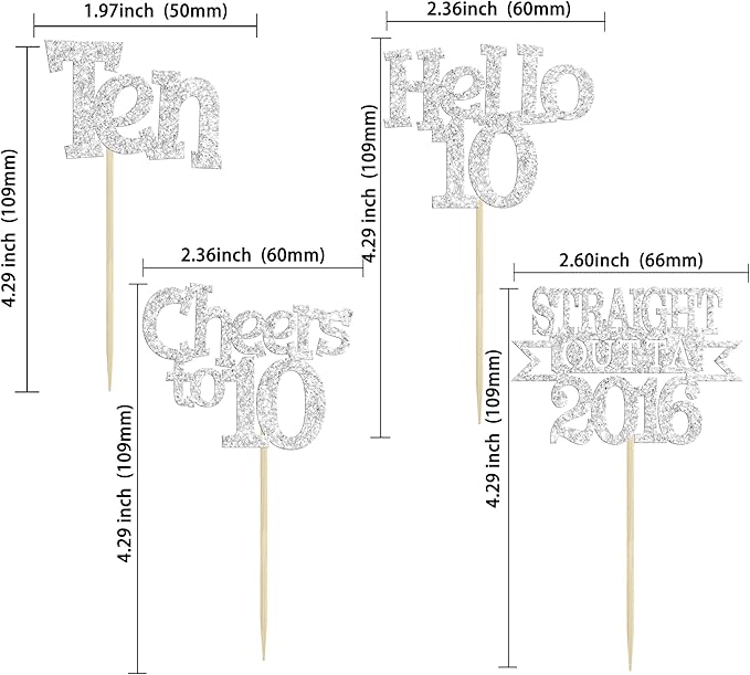 Ephlyn 24Pcs Happy 10th Birthday Cupcake Toppers Glitter Ten Cupcake Picks Hello 10 Cheers to 10 Years Cake Decorations for 10th Birthday Anniversary Party Decorations Supplies Silver
