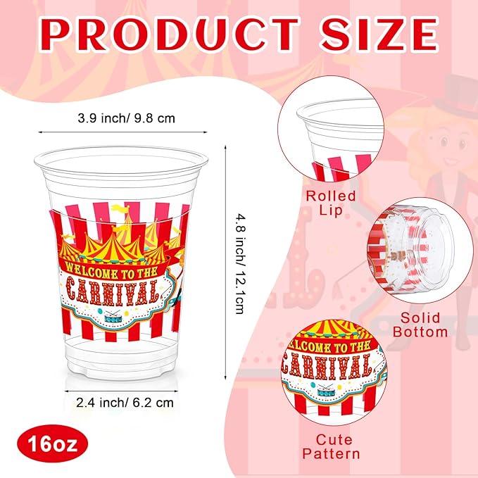 Jinei 60 Pcs Circus Carnival Party Plastic Cups Bulk 16 oz Circus Theme Disposable Cups Clear mug Drinking for Carnival Birthday Party Supplies Decorations