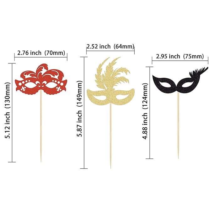 Gyufise 24 Pack Masquerade Masks Cupcake Toppers Black Gold Red Glitter Bachelorette Party Mask Cupcake Picks Mardi Gras Party Baby Shower Birthday Party Cake Decorations