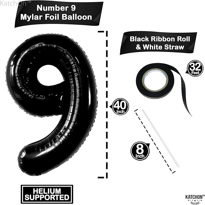 KatchOn, Giant Black Number 9 Balloon - 40 Inch | Foil 9 Birthday Balloon for 9th Birthday Decorations | 9th Anniversary Decoration | Black Party Decoration