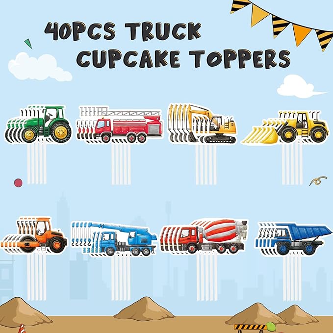 WERNNSAI 40 Pcs Construction Cupcake Toppers - Construction Birthday Party Supplies Truck Excavator Cake Toppers Picks for Kids Birthday Baby Shower Party Supplies