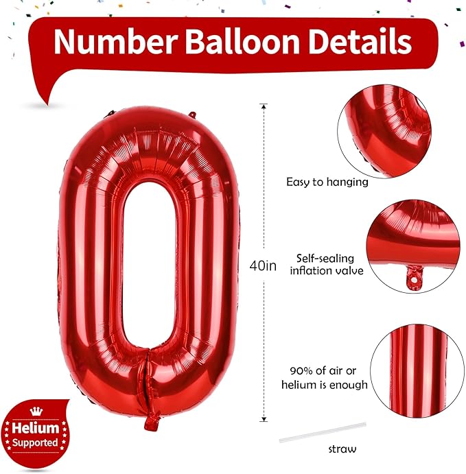 Red Large Number Balloons, 40 Inch Foil 0-9 Set Number Balloon for Girls Boys Age Birthday Party, Self Inflating Number Balloons Baby Shower Anniversary Christmas Party Decoration Women Men Supplies