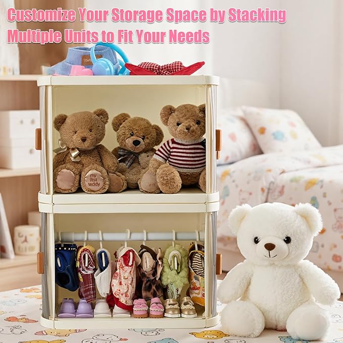Foldable Doll Wardrobe Closet Compatible with Labubu Clothes – Stackable Storage Box with 10 Hangers, Rod & Display Shelf for 15/17cm Doll Outfits (Translucent)