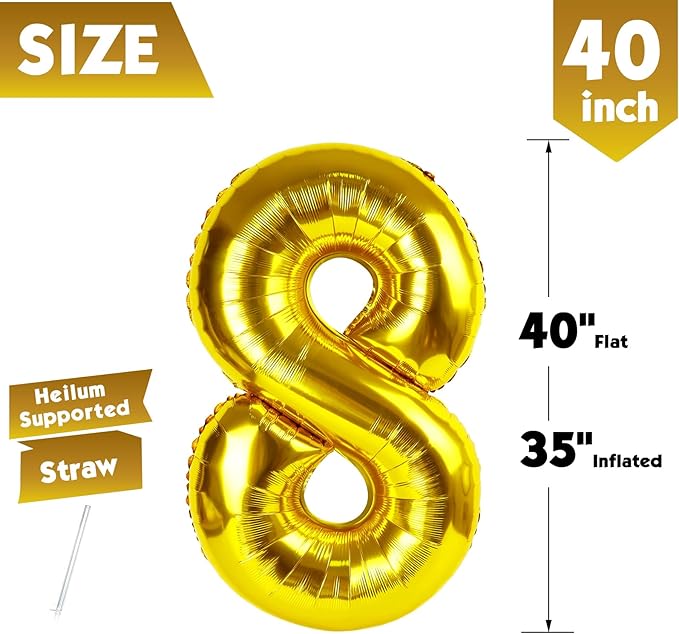 40 Inch Gold Number 8 Balloon, Giant 8 Number Balloons for 8th Birthday Decorations, Party Supplies for Baby Boy Girl, Gold Party Decor