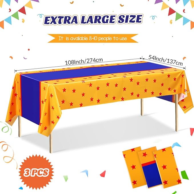 Oudain 3 Pcs Anime Theme Tablecloth 108 x 54 Inches Cartoon Table Covers Yellow Blue and Red Stars Print Table Cloth for Birthday Party Decoration