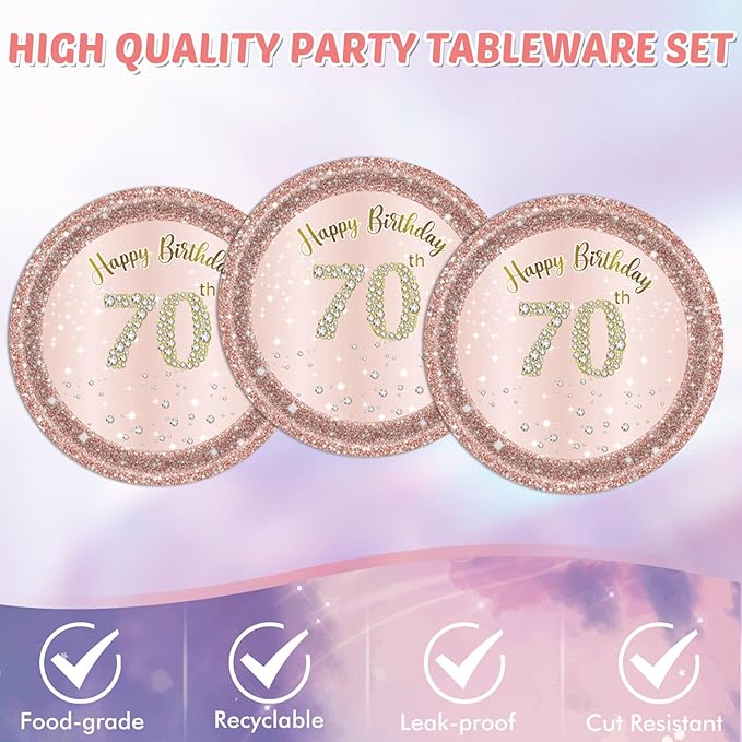 41PCS 70th Birthday Decorations for Women Rose Gold Happy 70 Birthday Party Decor Including 70th Birthday Plates Napkins Tablecloth Set For Girl Ladies Women 1956 Party Supplies