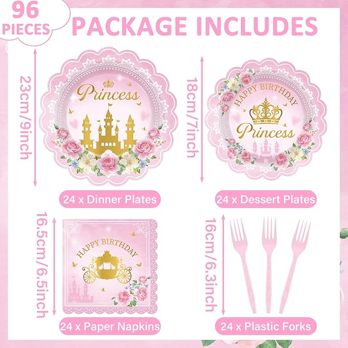 96pcs Princess Birthday Party Decorations Pink Princess Scalloped Plates Napkin Tableware Set Pink Floral Gold Castle Fairytale Disposable Tableware for Girls Birthday Baby Shower Party Supplies Favor