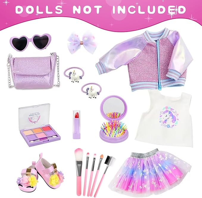 American 18 Inch Doll Makeup Accessories and Clothes Set Includes 18 Inch Doll Clothes and Shoes Bag Makeup Brush Set Foldable Haircomb Eyeshadow Lipstick Bow Hair Clip Sunglasses Hair Rope（No Dolls）