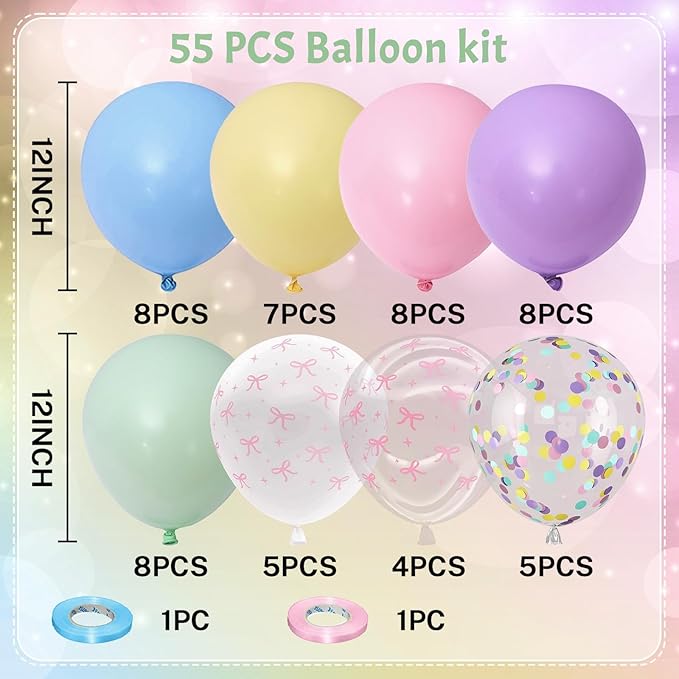 Pastel Bow Balloons Macaron Rainbow Balloon Birthday Decorations, 55 Pcs 12 In Pastel Colorful Pink Bows Print Balloon Blue Purple Yellow Confetti Balloon for Kids Girls Princess Easter Bridal Shower