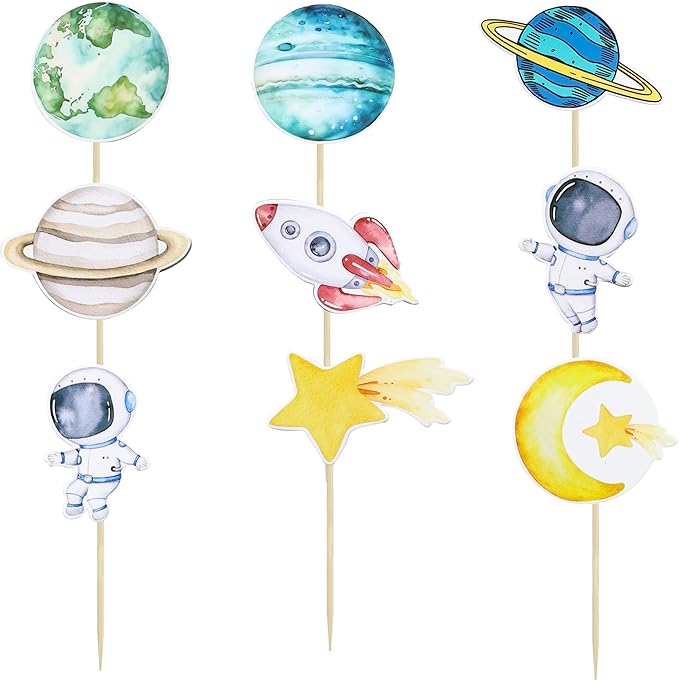 Ephlyn 36Pcs Space Astronaut Cupcake Toppers Planet Rocket Spaceship Trip to the Moon Star Cupcake Food Picks Universe Outer Space Theme Baby Shower Kids Birthday Party Supplies Blue