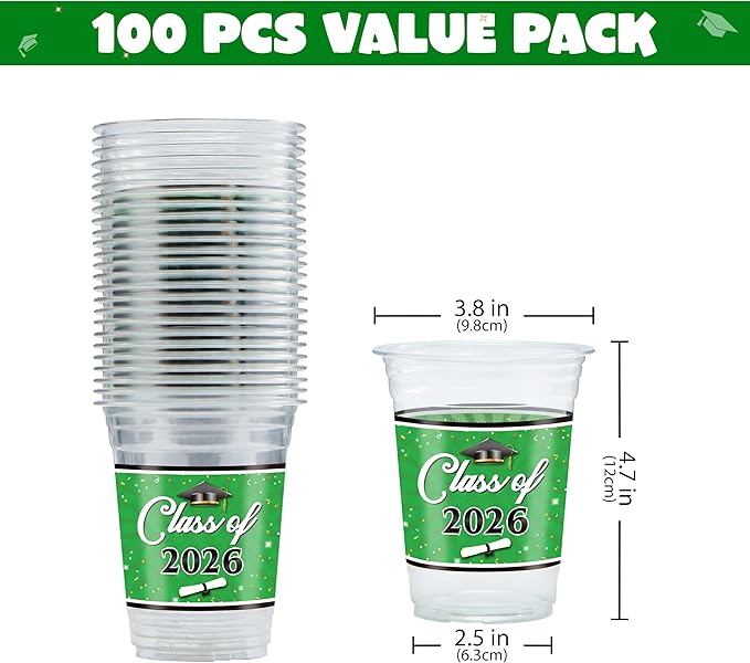 JOYIN 100 Pcs 16oz Graduation Party Plastic Cups (Green), PET Cup Tableware Bulk for Class of 2026 Graduates, Disposable Cups for 2026 High School College Graduation School Festivities Party Supplies