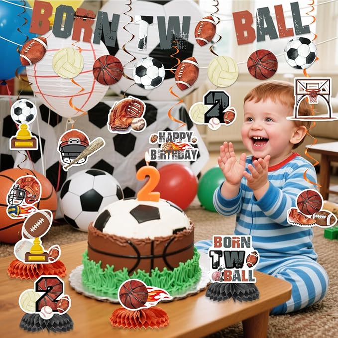 Born 2 Ball Birthday Decorations Include Born Two Ball Banners Hanging Swirls Honeycomb Centerpiece Ball 2nd Birthday Sports Theme Party Supplies for Boys