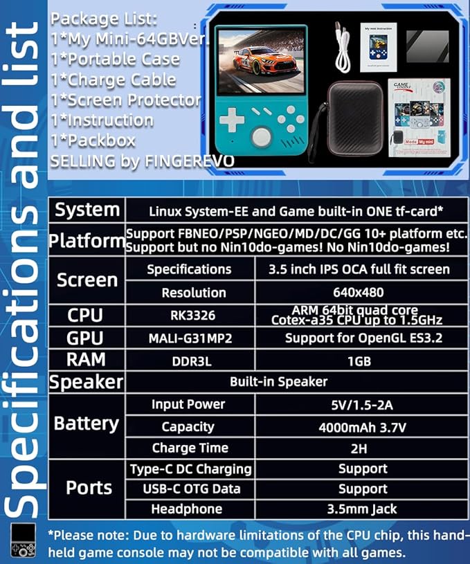 My Mini Handheld Game Console 3.5-in 640*480 IPS OCA Screen RK3326 4000mAh mymini with Portable Case Turquoise Green-64GBVer.