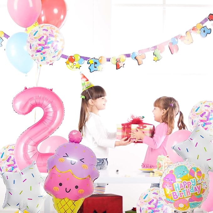 Pink Ice Cream Balloons, Number 2 Balloon, Two Sweet Birthday Party Supplies, Ice Cream Balloon for Girls Birthday Party Decoration (2)