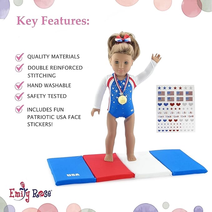 Emily Rose 18" Doll Gymnastics Outfit 5-Piece Set - Bejeweled Athletic Gymnast Leotard, Medal, Hair Bow, Mat, & Reuseable Stickers | American Girl Compatible | Trusted USA Brand | NO Doll