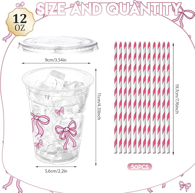50 Pcs Pink Bow Plastic Cups with Lids and Straws,12 oz Lovely Bow Disposable Drinking Cups Pink Bowknot Theme Party Cup for Wedding Birthday Bridal Baby Shower Party Supplies