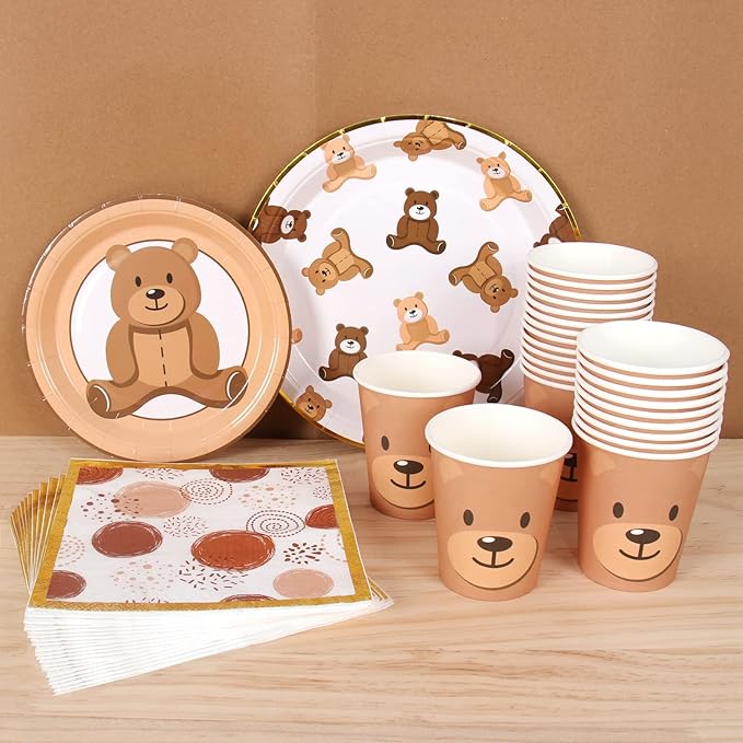 Brown Teddy Bear Baby Shower Plates - Teddy Bear Paper Plates,Disposable Cups,Napkin with Firework Pattern in Golden Border for 24 Bear Theme Party Supplies ,Baby Shower Wedding Birthday Party