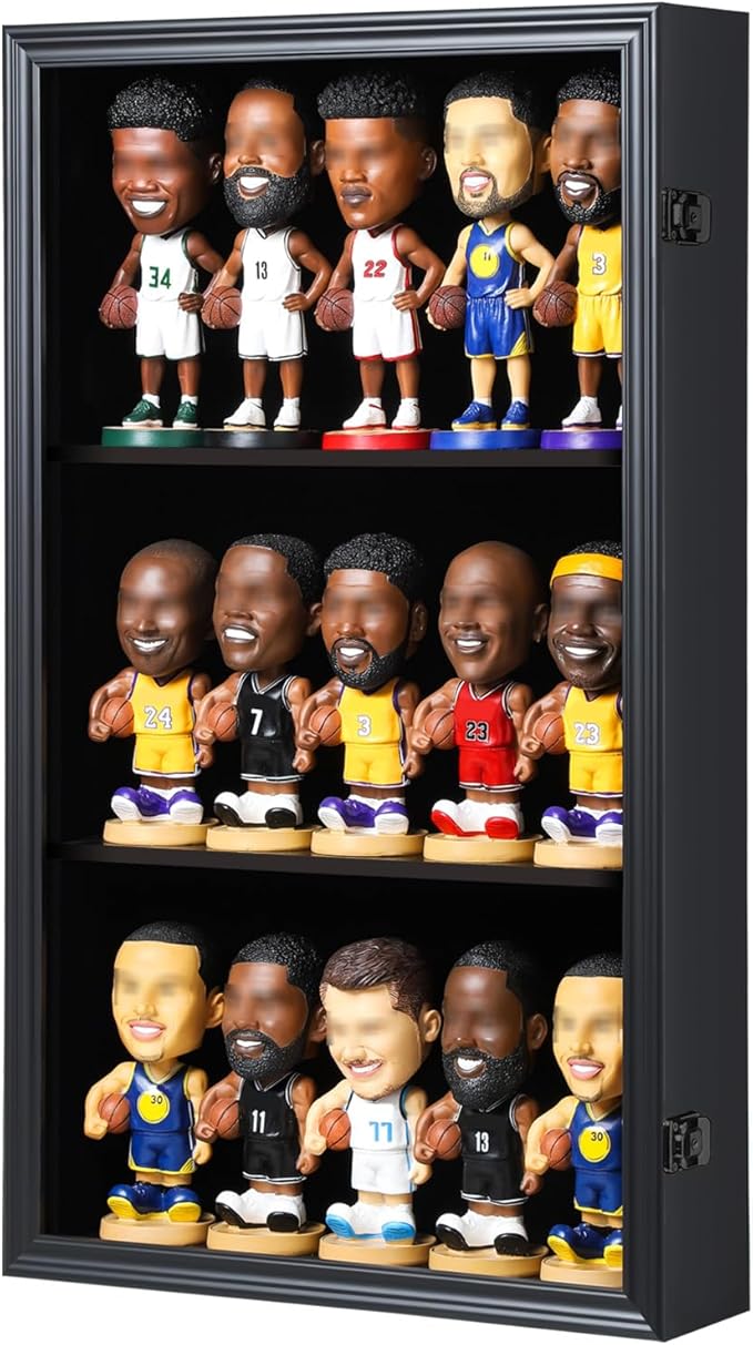 Bobblehead Display Case Action Figure Display Case Bobble Head Shadow Box Wall Cabinet for 15 Figurines Display with Lockable Anti Fade Uv Protection for Bobble Heads, Action Toy Figures, Black