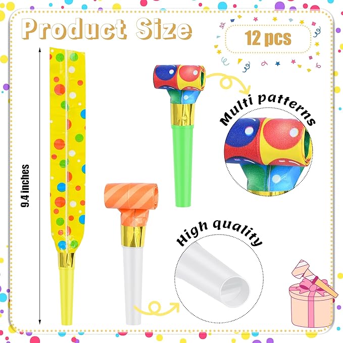 12 Pcs Party Blowers, Colorful Noise Makers Funny Blowout Horns for Birthday New Years Graduation Sporting Events Party Favor Supplies (Paper)