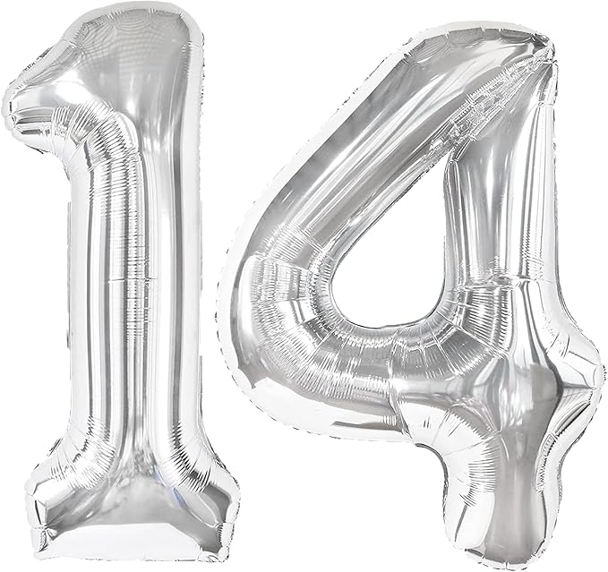 40 Inch Silver Number 14 Digital Balloon,Jumbo Mylar Foil Helium Balloon for 14 Balloons for Birthday Party,Wedding Anniversary Party Decorations