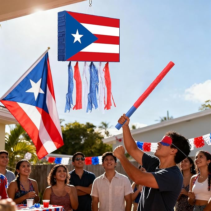 Puerto Rico Flag Piñata Red White and Blue Small Piñata Set with Bat and Blindfold for Puerto Rico Party Games National Day Patriotic Festival Supplies Holiday Decorations
