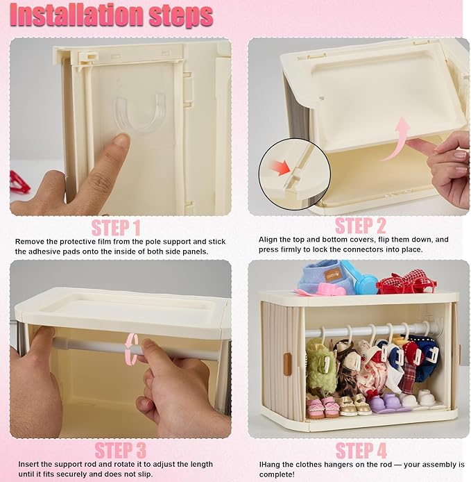 Foldable Doll Wardrobe Closet Compatible with Labubu Clothes – Stackable Storage Box with 10 Hangers, Rod & Display Shelf for 15/17cm Doll Outfits (Translucent)