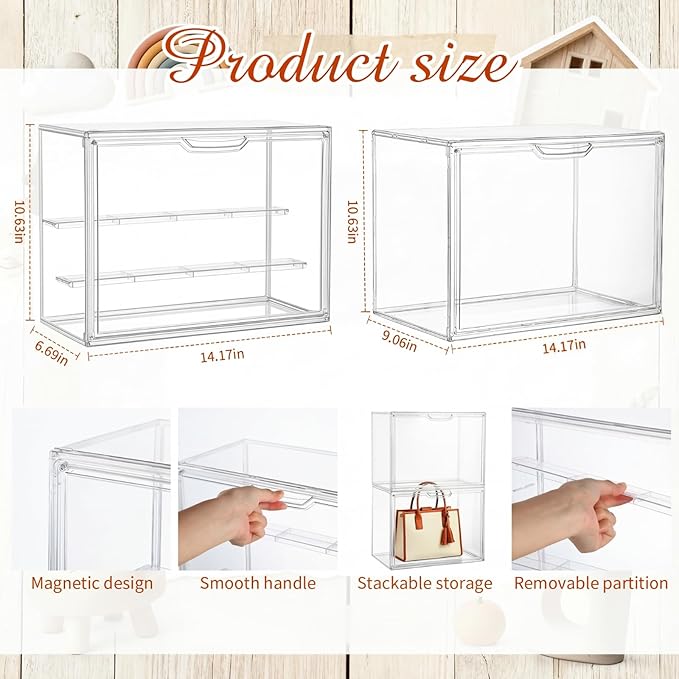 4 Pcs Clear Acrylic Display Case Plastic Stackable Storage Bins 3 Tier Display Shelf Storage Boxes Cabinet Organizer with Magnetic Door for Action Figures,Collectibles(Large)