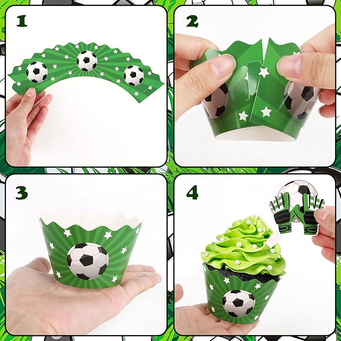 48 Pack Soccer Cupcake Toppers and Wrappers, Soccer Ball Party Cake Decoration for Sport Theme Birthday Party Baby Shower Supplies